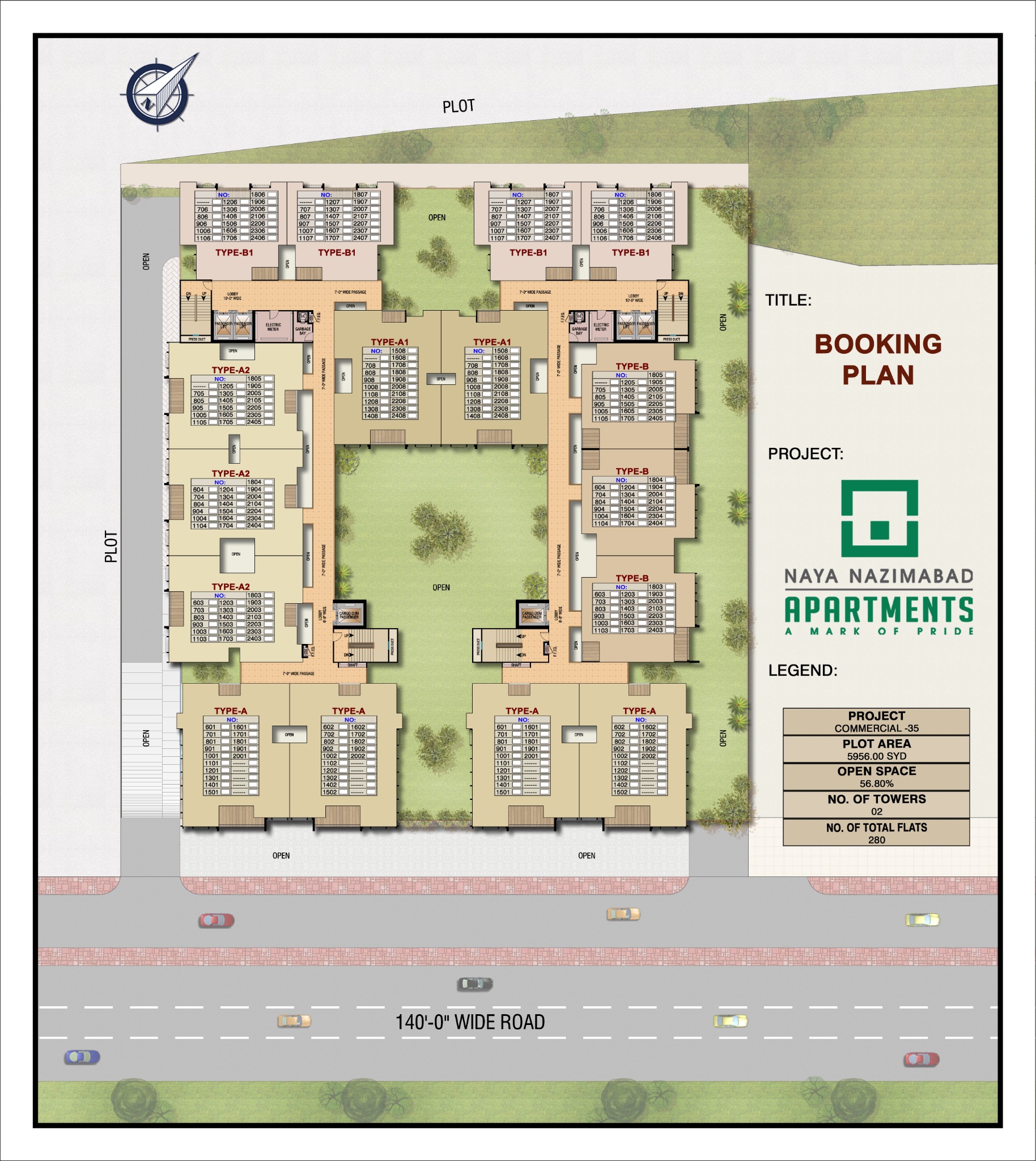 COM 35 booking plan — two towers, apartment type layout, open space and 140-ft road access