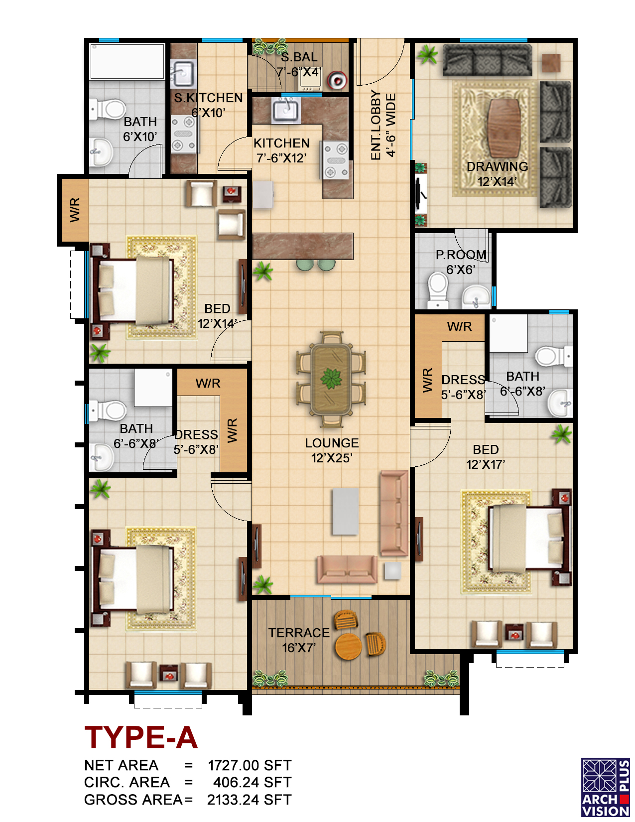 COM 35 Type A apartment floor plan — 3 bedroom, gross area 2,133 sq ft